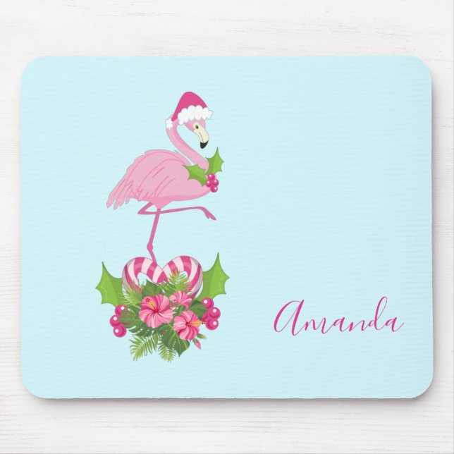 Pink Flamingo in Santa Hat with Candy Cane Bouquet Mouse Mat (Front)