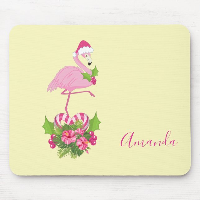 Pink Flamingo in Santa Hat with Candy Cane Bouquet Mouse Mat (Front)
