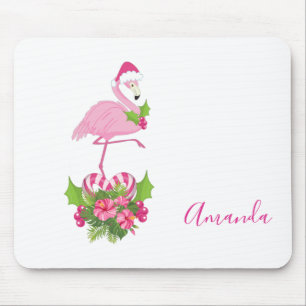 Pink Flamingo in Santa Hat with Candy Cane Bouquet Mouse Mat