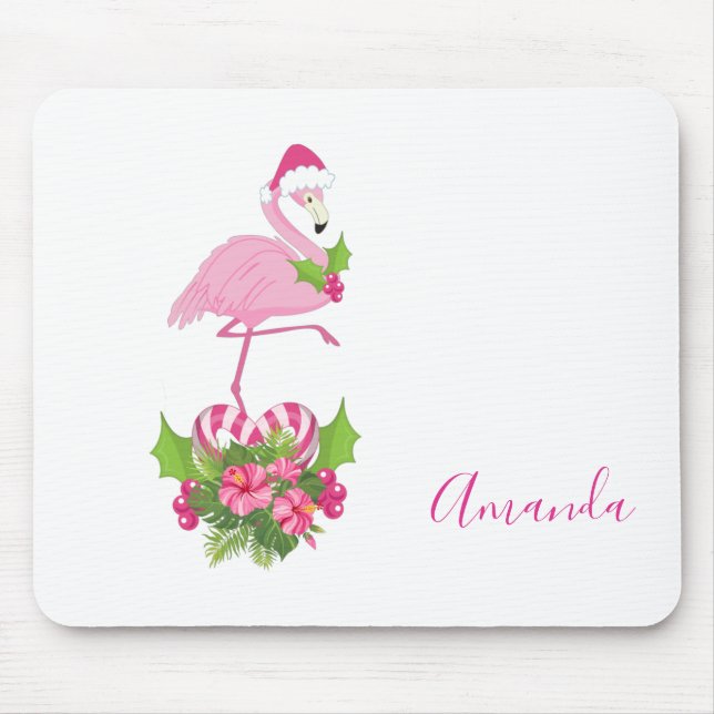 Pink Flamingo in Santa Hat with Candy Cane Bouquet Mouse Mat (Front)