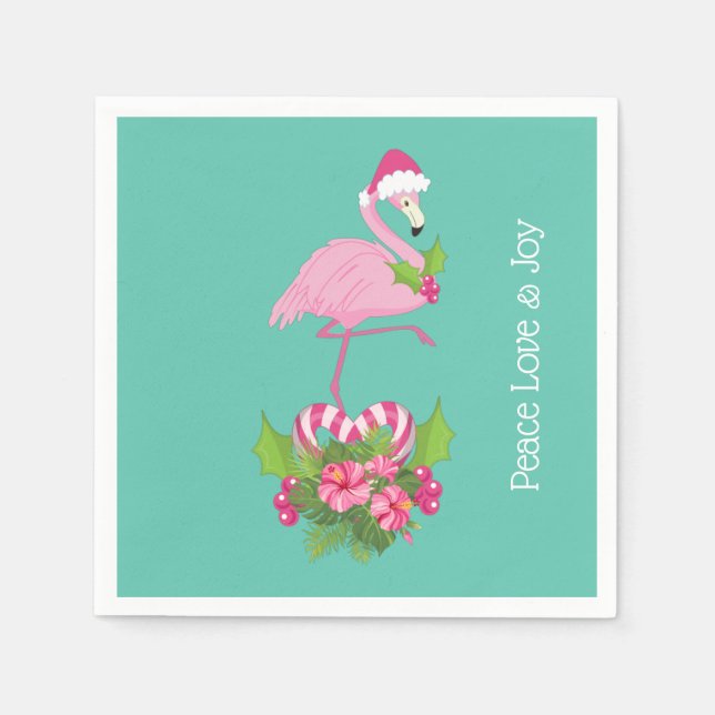 Pink Flamingo in Santa Hat with Candy Cane Bouquet Napkin (Front)