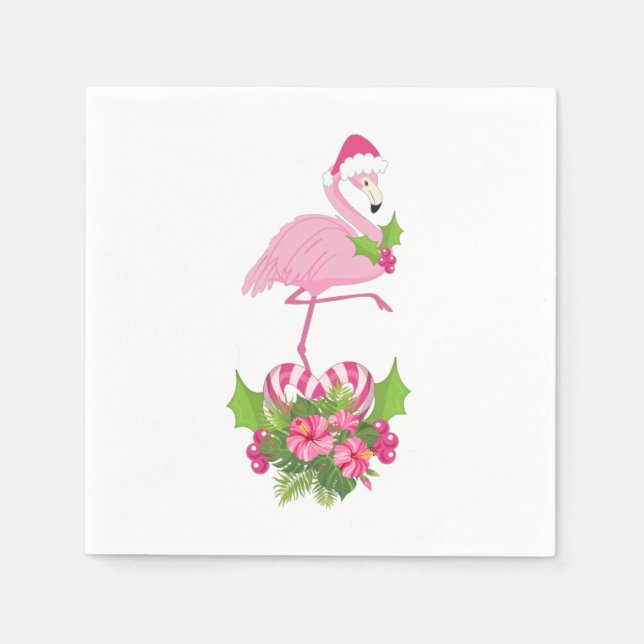 Pink Flamingo in Santa Hat with Candy Cane Bouquet Napkin (Front)