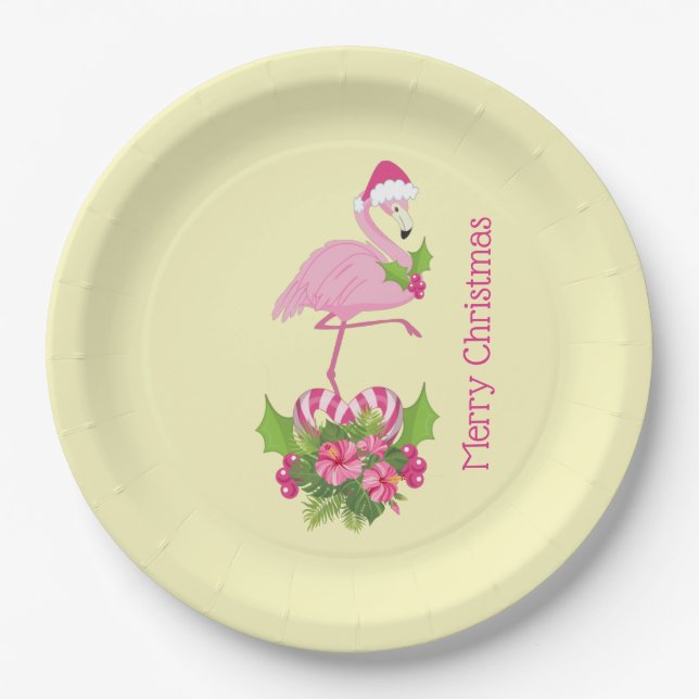 Pink Flamingo in Santa Hat with Candy Cane Bouquet Paper Plate (Front)