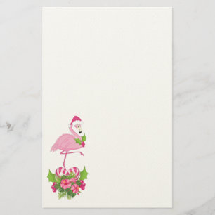 Pink Flamingo in Santa Hat with Candy Cane Bouquet Stationery