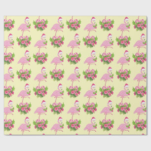 Pink Flamingo in Santa Hat with Candy Cane Bouquet Wrapping Paper