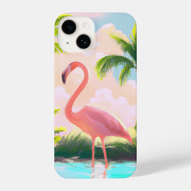 Pink Flamingo in Tropical Paradise Retro Boho Art iPhone Case (Back)