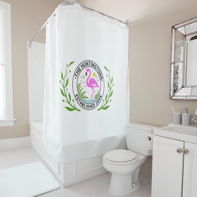 Pink Flamingo in Water Family Name Date Estd #1CW Shower Curtain (In Situ)
