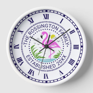 Pink Flamingo in Water Family Name Date Estd N Clock