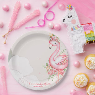 Pink Flamingo It's a Girl Baby Shower Round Paper Plate