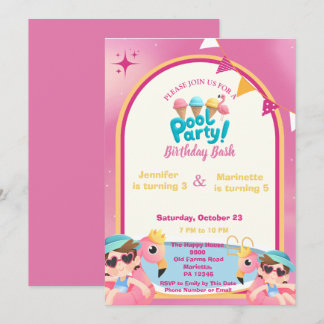 Pink Flamingo Joint Pool Party Girls birthday Invitation