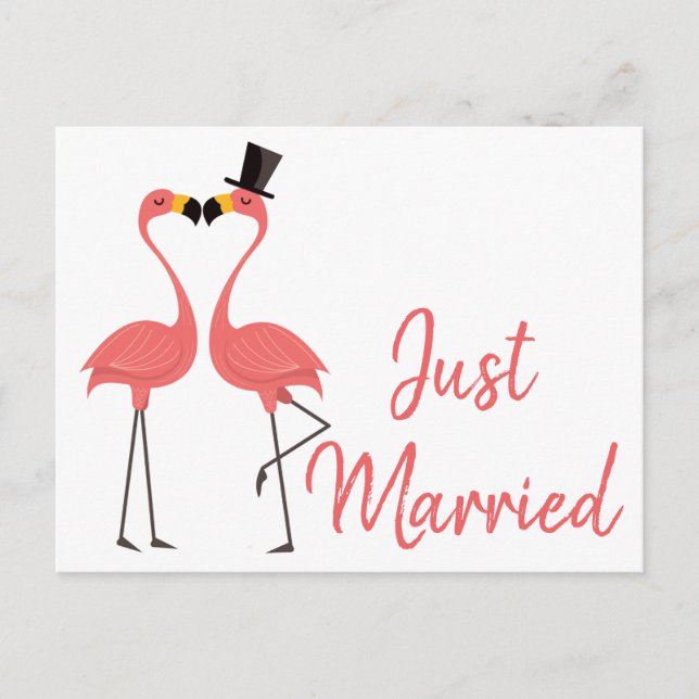 Pink Flamingo Just Married Tropical Wedding Love Announcement Postcard (Front)
