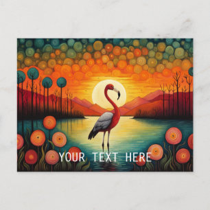 Pink Flamingo Lake Sunset Colourful Floral Postcard