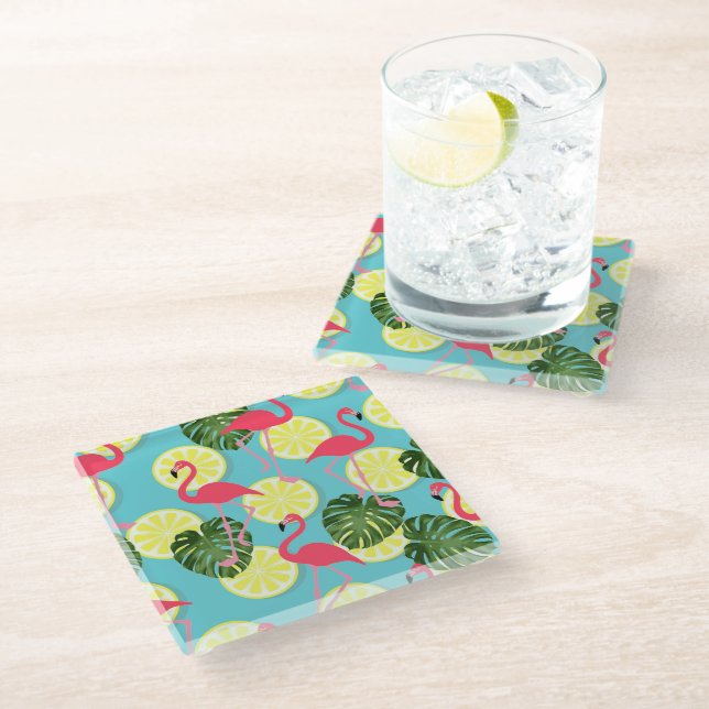 Pink Flamingo Lemon Slice Tropical Leaf Glass Coaster (Angled)