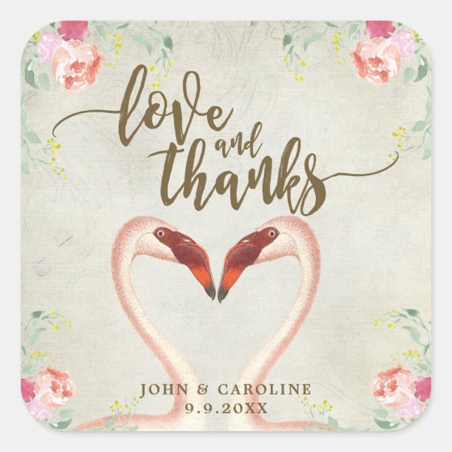 pink flamingo love and thanks favors sticker (Front)