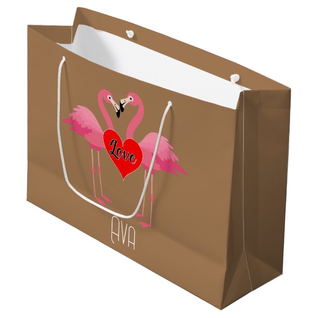 Pink Flamingo Love Design - Gift Bag - Large (Front Angled)