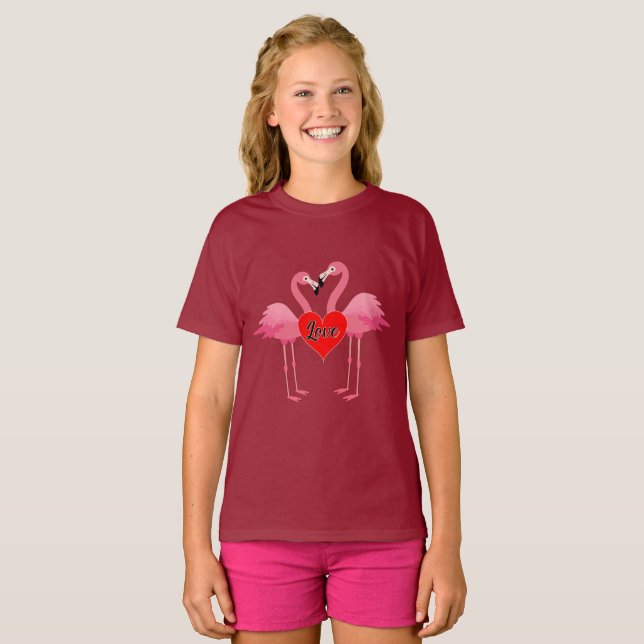 Pink Flamingo Love Design - Girls' Basic T-Shirt (Front Full)