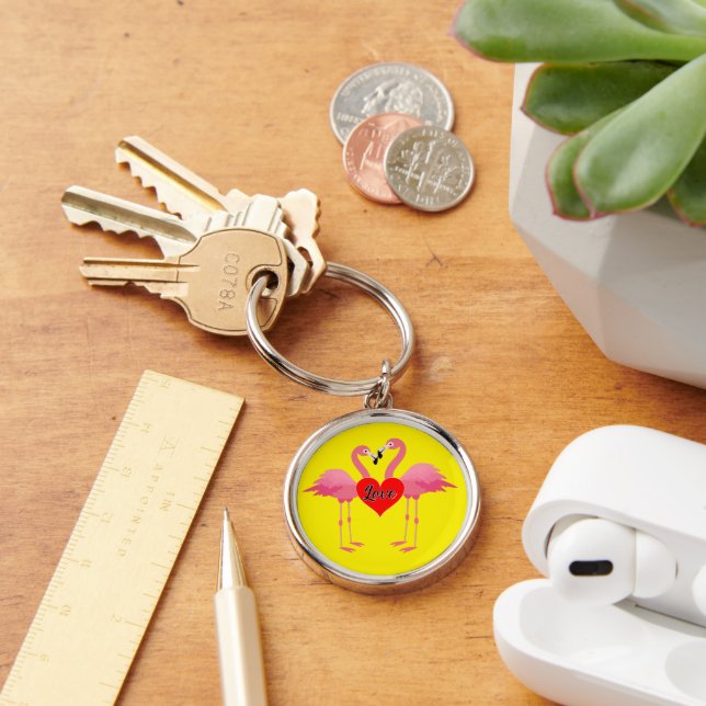 Pink Flamingo Love Design - Premium Round Keychain (Desk)