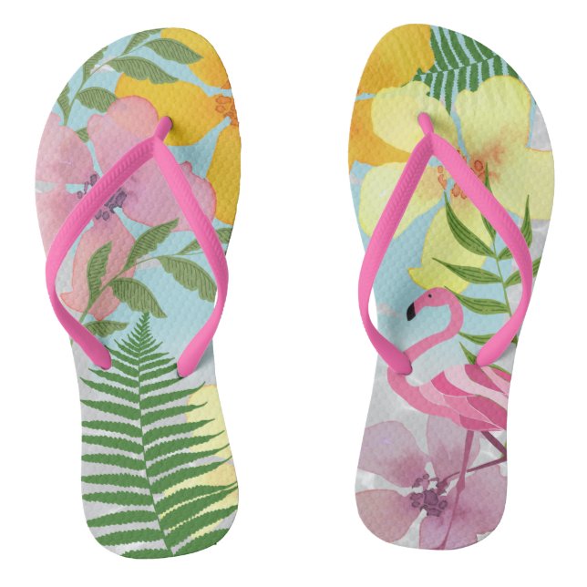 Pink Flamingo Luau Tropical Colourful Floral Summe Flip Flops (Footbed)