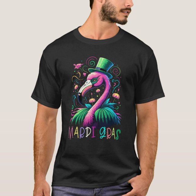 Pink Flamingo Mardi Gras Carnival Party T-Shirt (Front)