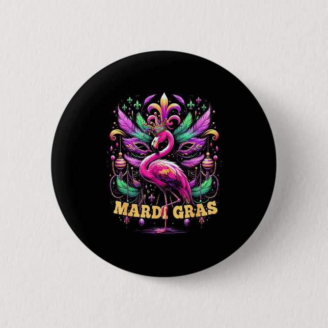 Pink Flamingo Mardi Gras Crown And Beads Mask Carn 6 Cm Round Badge (Front)