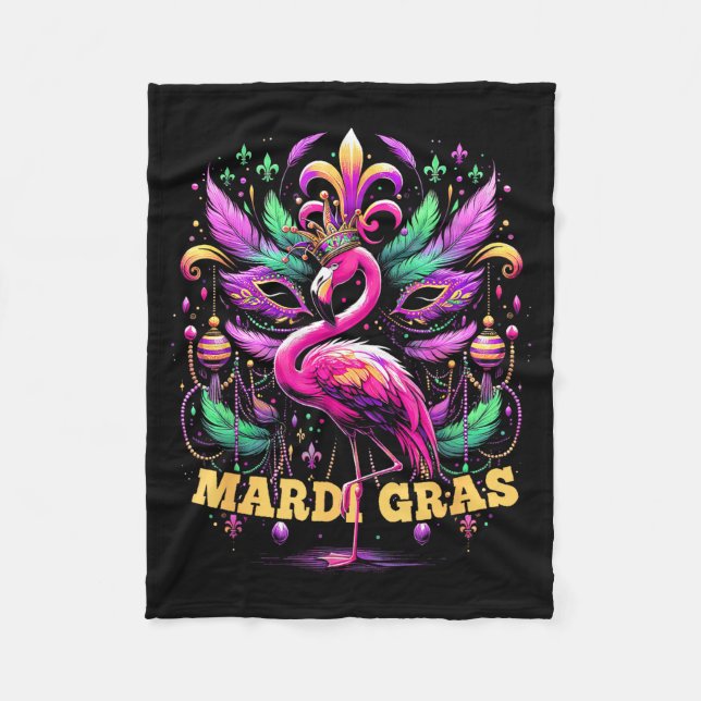 Pink Flamingo Mardi Gras Crown And Beads Mask Carn Fleece Blanket (Front)