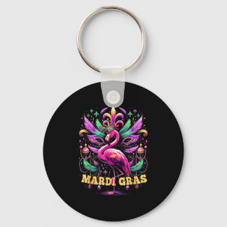 Pink Flamingo Mardi Gras Crown And Beads Mask Carn Key Ring