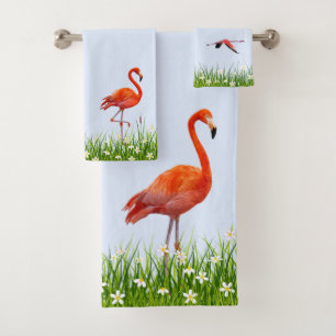 Pink Flamingo & Meadow with Flowers on Light Blue Bath Towel Set
