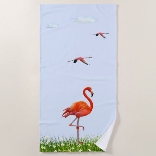 Pink Flamingo & Meadow with Flowers on Light Blue  Beach Towel