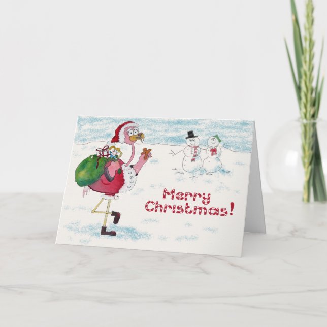 Pink Flamingo Merry Christmas Snowman Santa Card (Front)