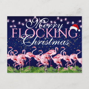 Pink Flamingo Merry Flocking Christmas Flamingos Holiday Postcard