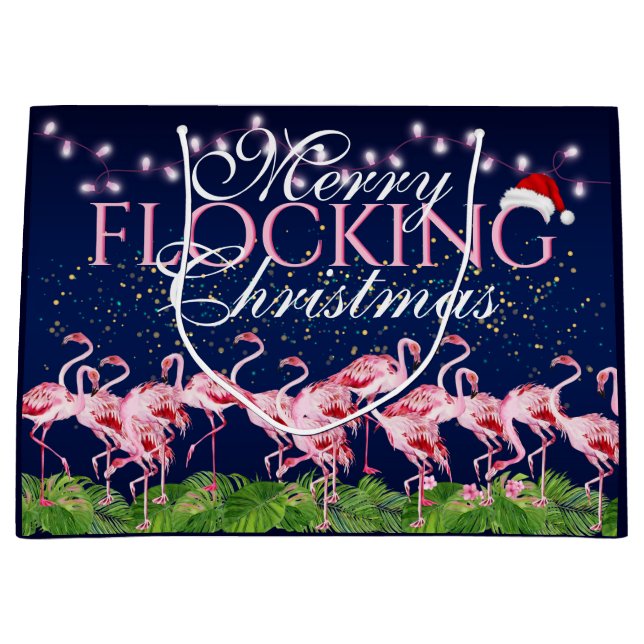 Pink Flamingo Merry Flocking Christmas Flamingos Large Gift Bag (Front)
