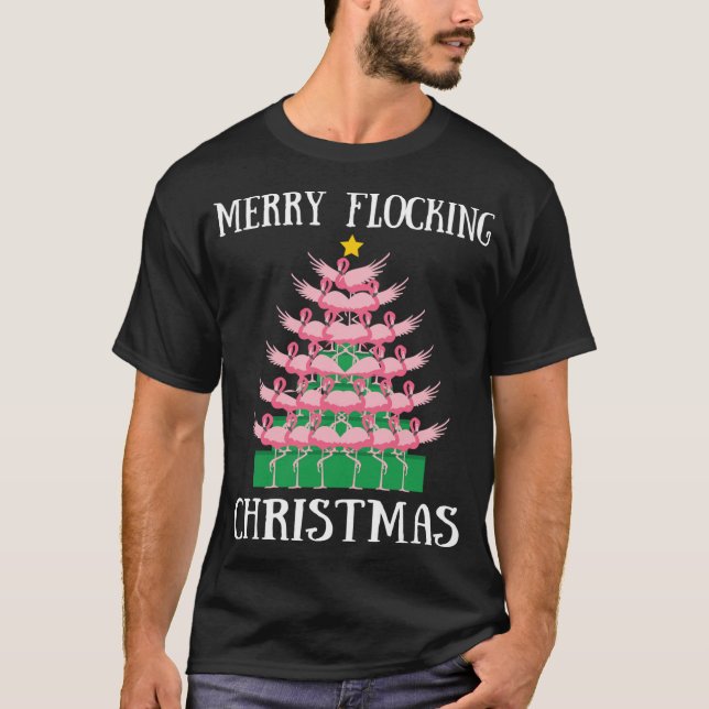 Pink Flamingo Merry Flocking Christmas Tree Lights T-Shirt (Front)