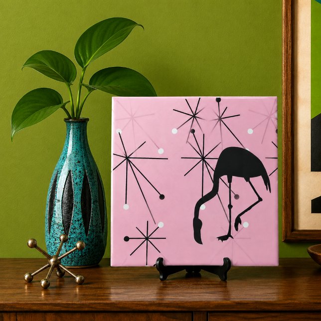 Pink Flamingo Mid Century Modern Starburst Tile (midcentury mod atomic starbursts flamingo silhouette Palm Spring deco beach house decor retro tile)
