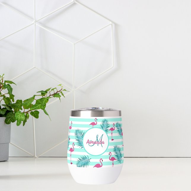 Pink flamingo mint green stripes palm leaves (Creator Uploaded)