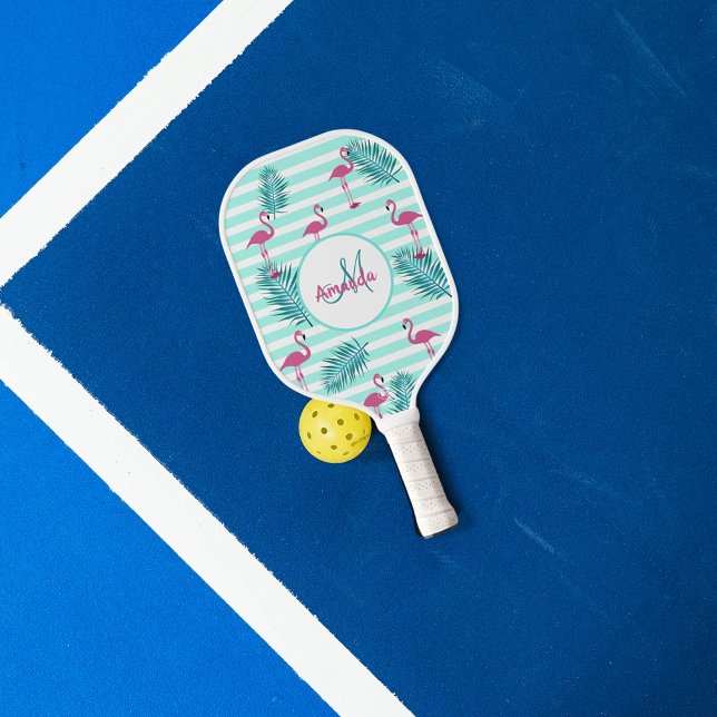Pink flamingo mint green stripes palm leaves pickleball paddle (Creator Uploaded)