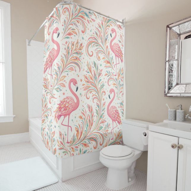 Pink Flamingo Mirage Shower Curtain (In Situ)