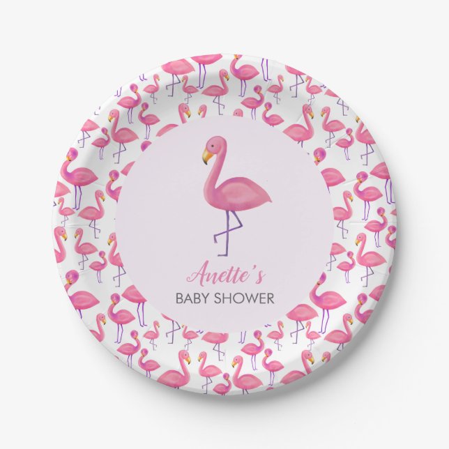 Pink Flamingo Modern Baby Shower Paper Plate (Front)