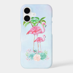 Pink Flamingo Momma & Baby with Palm Trees