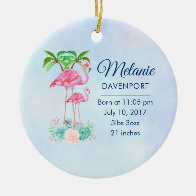 Pink Flamingo Momma & Baby with Palm Trees Ceramic Tree Decoration (Front)