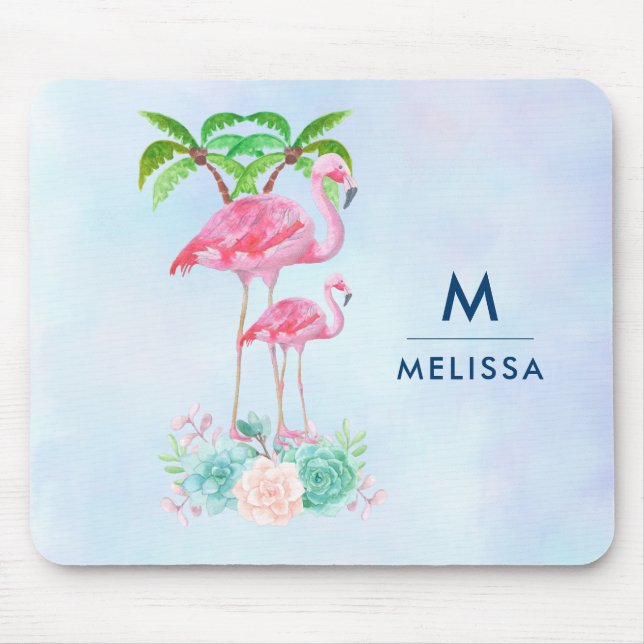 Pink Flamingo Momma & Baby with Palm Trees Custom Mouse Mat (Front)