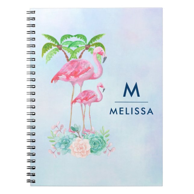 Pink Flamingo Momma & Baby with Palm Trees Custom Notebook (Front)
