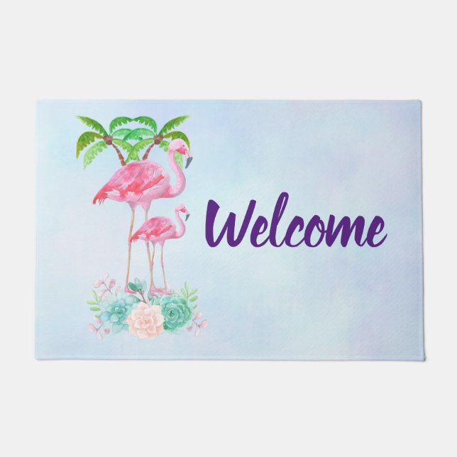 Pink Flamingo Momma & Baby with Palm Trees Doormat (Front)