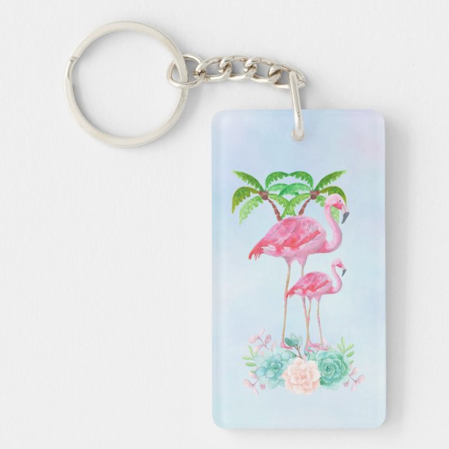 Pink Flamingo Momma & Baby with Palm Trees Key Ring (Front)