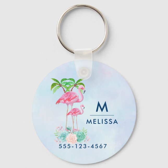 Pink Flamingo Momma & Baby with Palm Trees Key Ring (Front)
