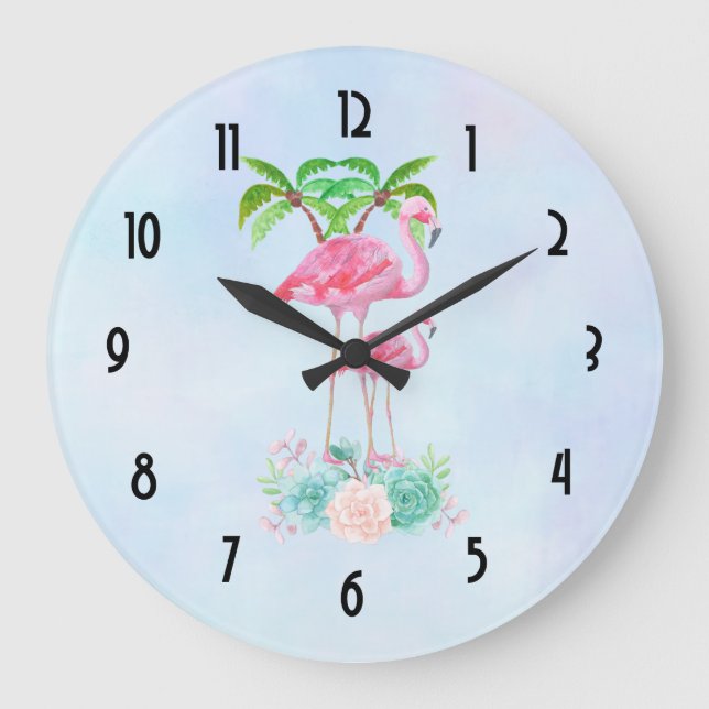 Pink Flamingo Momma & Baby with Palm Trees Large Clock (Front)