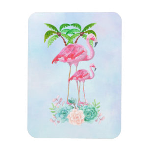 Pink Flamingo Momma & Baby with Palm Trees Magnet