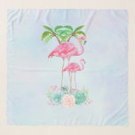 Pink Flamingo Momma & Baby with Palm Trees Scarf<br><div class="desc">A chiffon scarf with an illustration of a momma and baby pink flamingo standing on a bed of floral succulent flowers with green palm trees swaying in the back.  Tropical and pretty. The background is a summery light blue watercolor with hints of purple.</div>