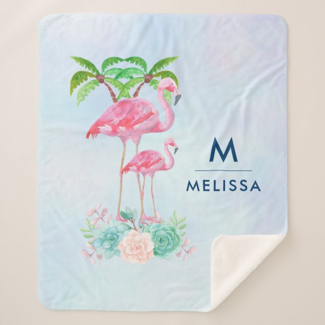 Pink Flamingo Momma & Baby with Palm Trees Sherpa Blanket (Front)