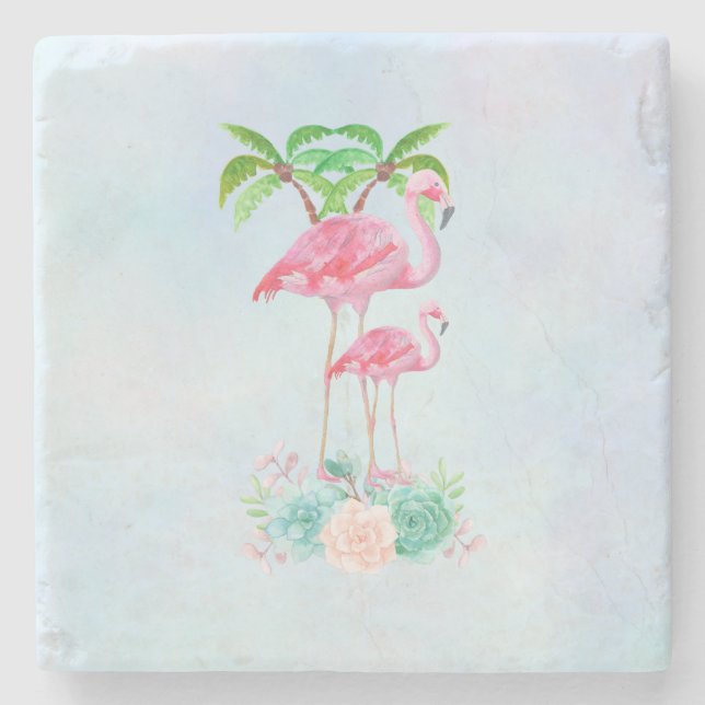 Pink Flamingo Momma & Baby with Palm Trees Stone Coaster (Front)