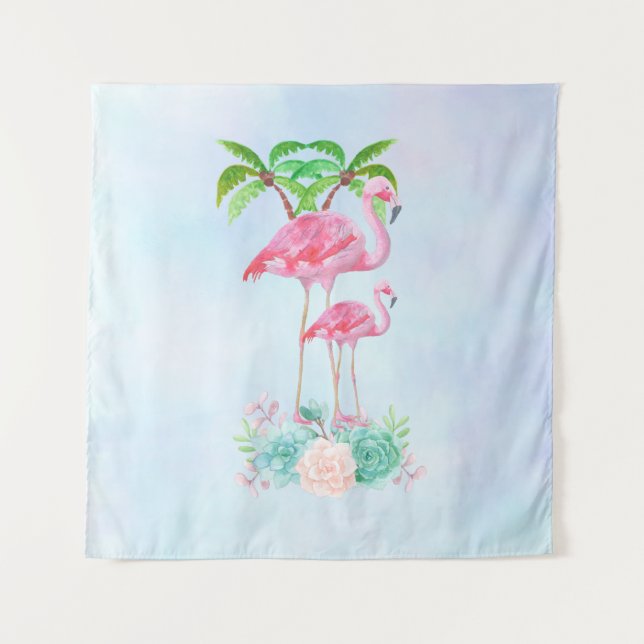 Pink Flamingo Momma & Baby with Palm Trees Tapestry (Front)